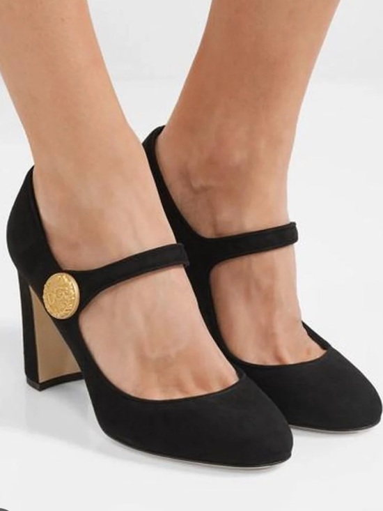 Dolce & Gabbana Shoes - Dolce & Gabbana Black Suede Mary Jane Pumps with Gold Button 5.5